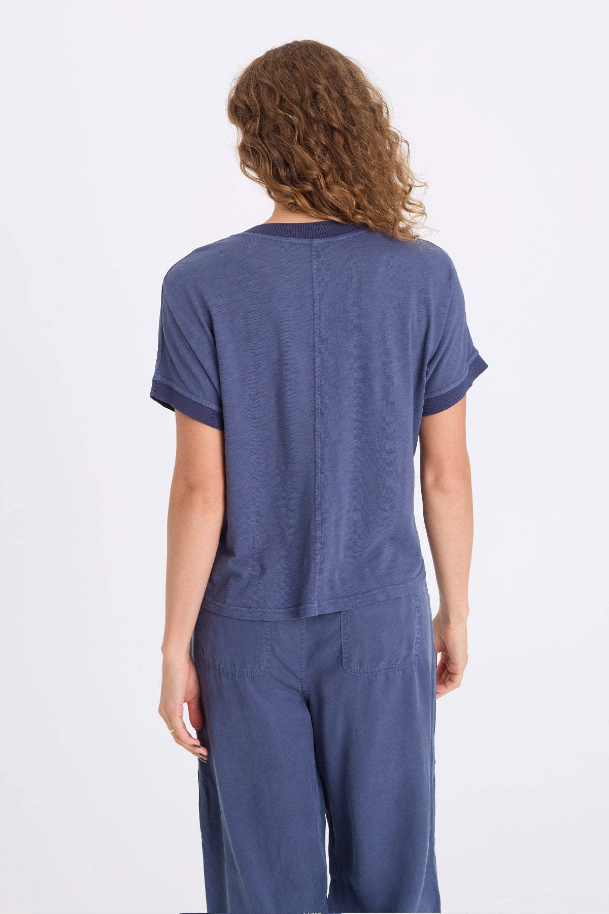 Seedling Hanno Embroidered Soft Twill V-Neck Short Sleeve Top Bluestone - XCVI
