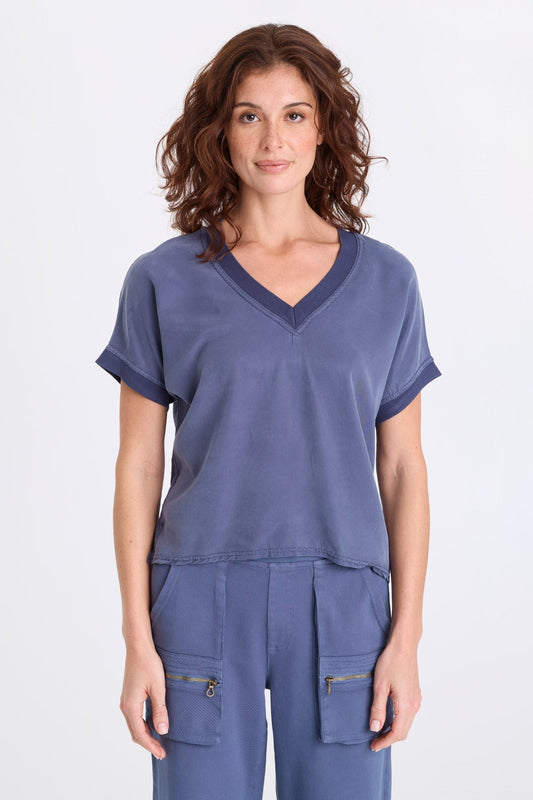 Hanno Soft Twill Rib Trim V-Neck Short Sleeve Top Bluestone - XCVI
