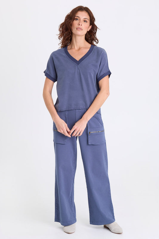 Hanno Soft Twill Rib Trim V-Neck Short Sleeve Top Bluestone - XCVI