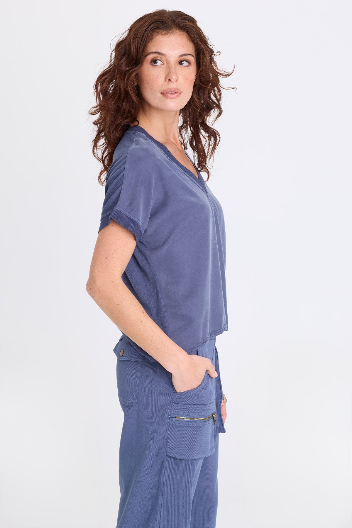 Hanno Soft Twill Rib Trim V-Neck Short Sleeve Top Bluestone - XCVI
