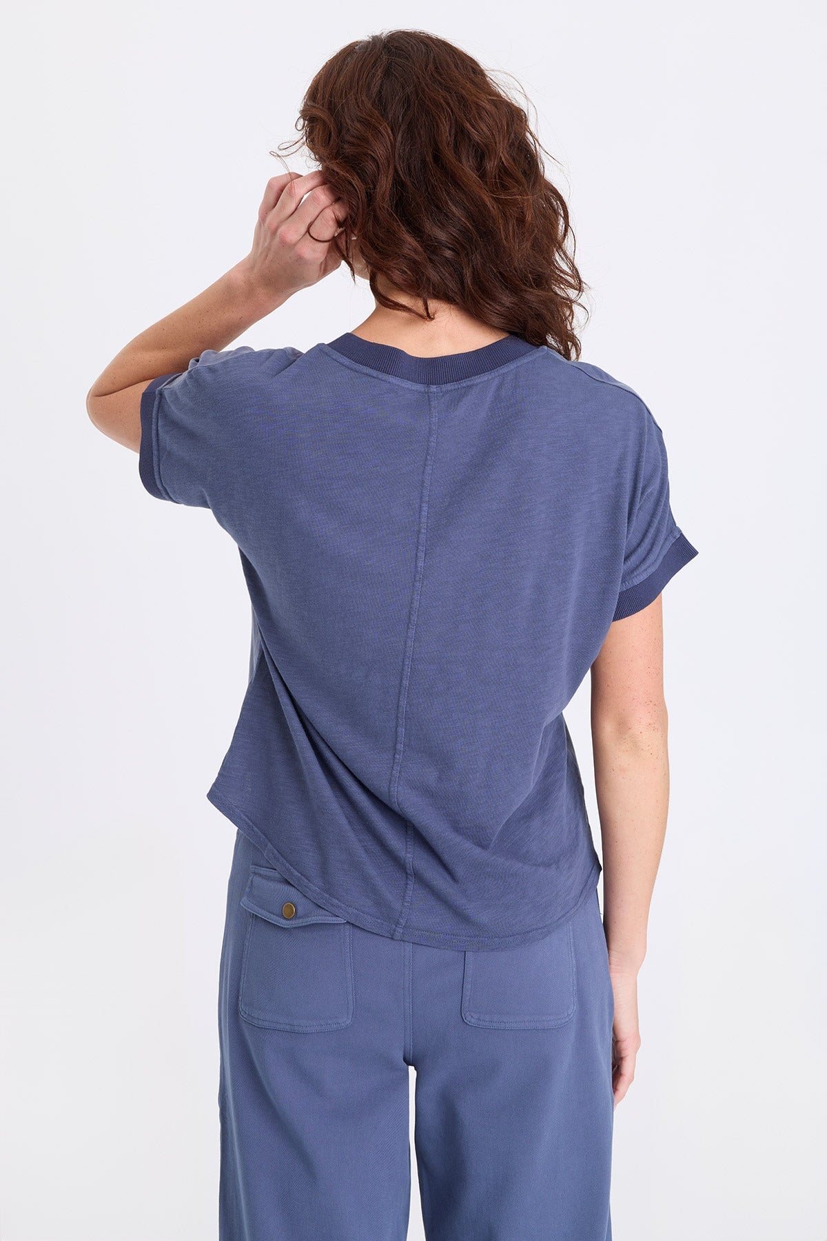 Hanno Soft Twill Rib Trim V-Neck Short Sleeve Top Bluestone - XCVI