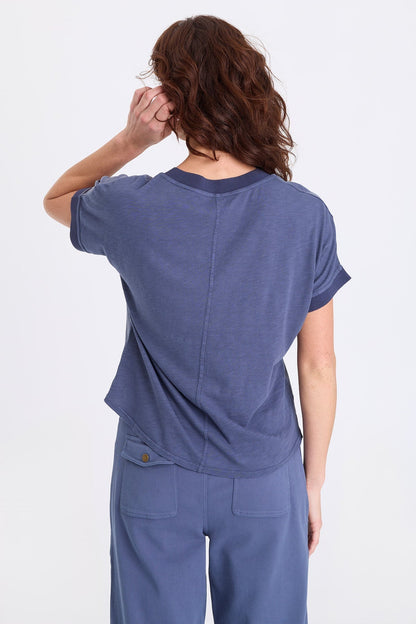 Hanno Soft Twill Rib Trim V-Neck Short Sleeve Top Bluestone - XCVI