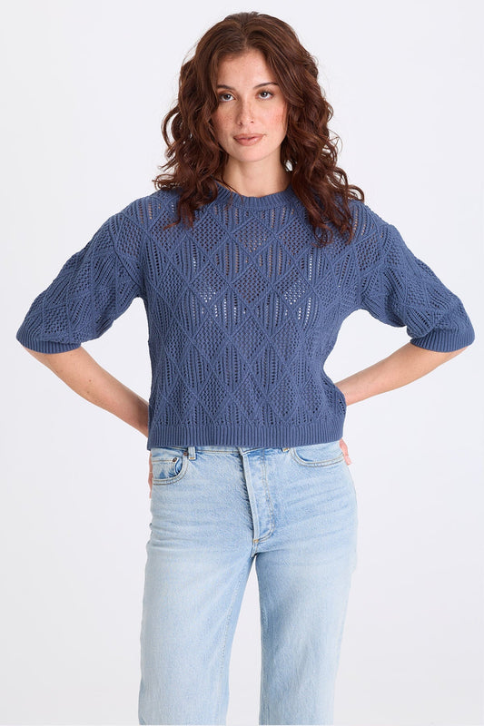 Halimo Cotton Open-Knit Elongated Short Sleeve Crew Neck Pullover Bluestone - XCVI