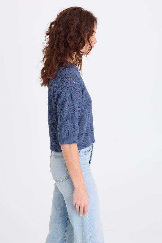 Halimo Cotton Open-Knit Elongated Short Sleeve Crew Neck Pullover Bluestone - XCVI
