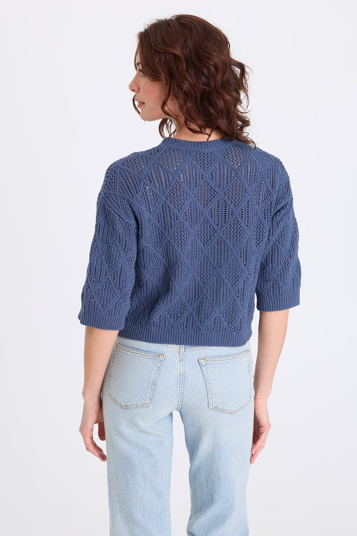 Halimo Cotton Open-Knit Elongated Short Sleeve Crew Neck Pullover Bluestone - XCVI