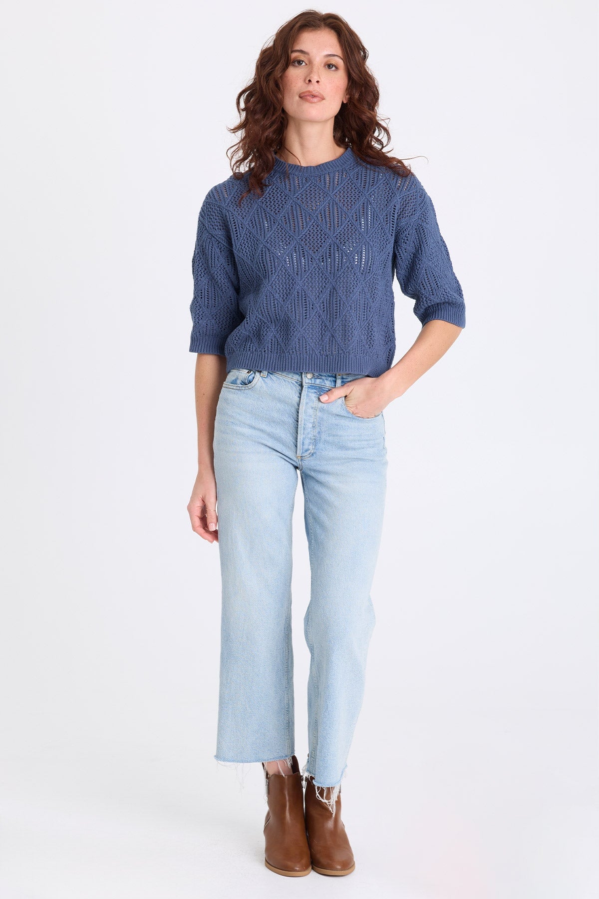 Halimo Cotton Open-Knit Elongated Short Sleeve Crew Neck Pullover Bluestone - XCVI