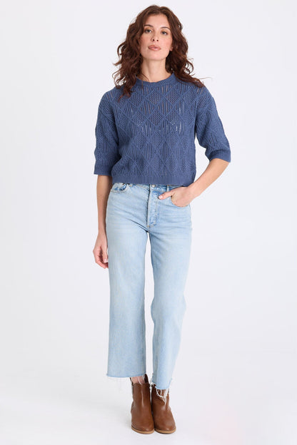 Halimo Cotton Open-Knit Elongated Short Sleeve Crew Neck Pullover Bluestone - XCVI