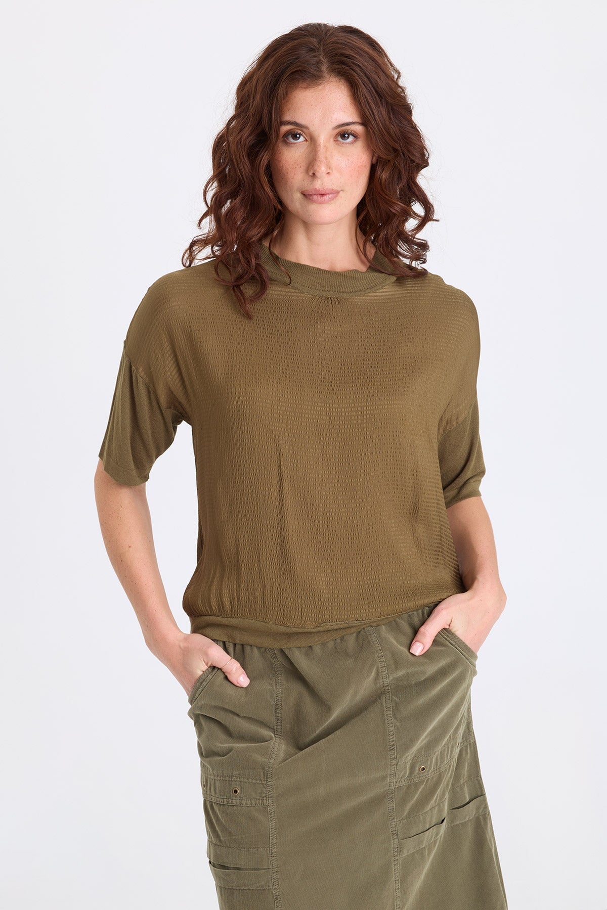 Basilia Vivi Stripe and Light Knit Short Sleeve Top Kombu Pigment - XCVI