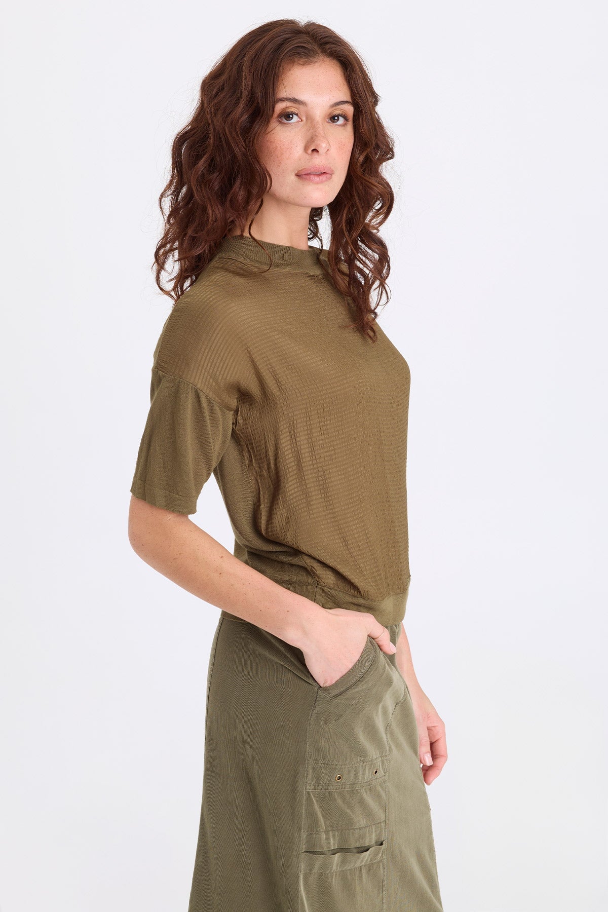 Basilia Vivi Stripe and Light Knit Short Sleeve Top Kombu Pigment - XCVI