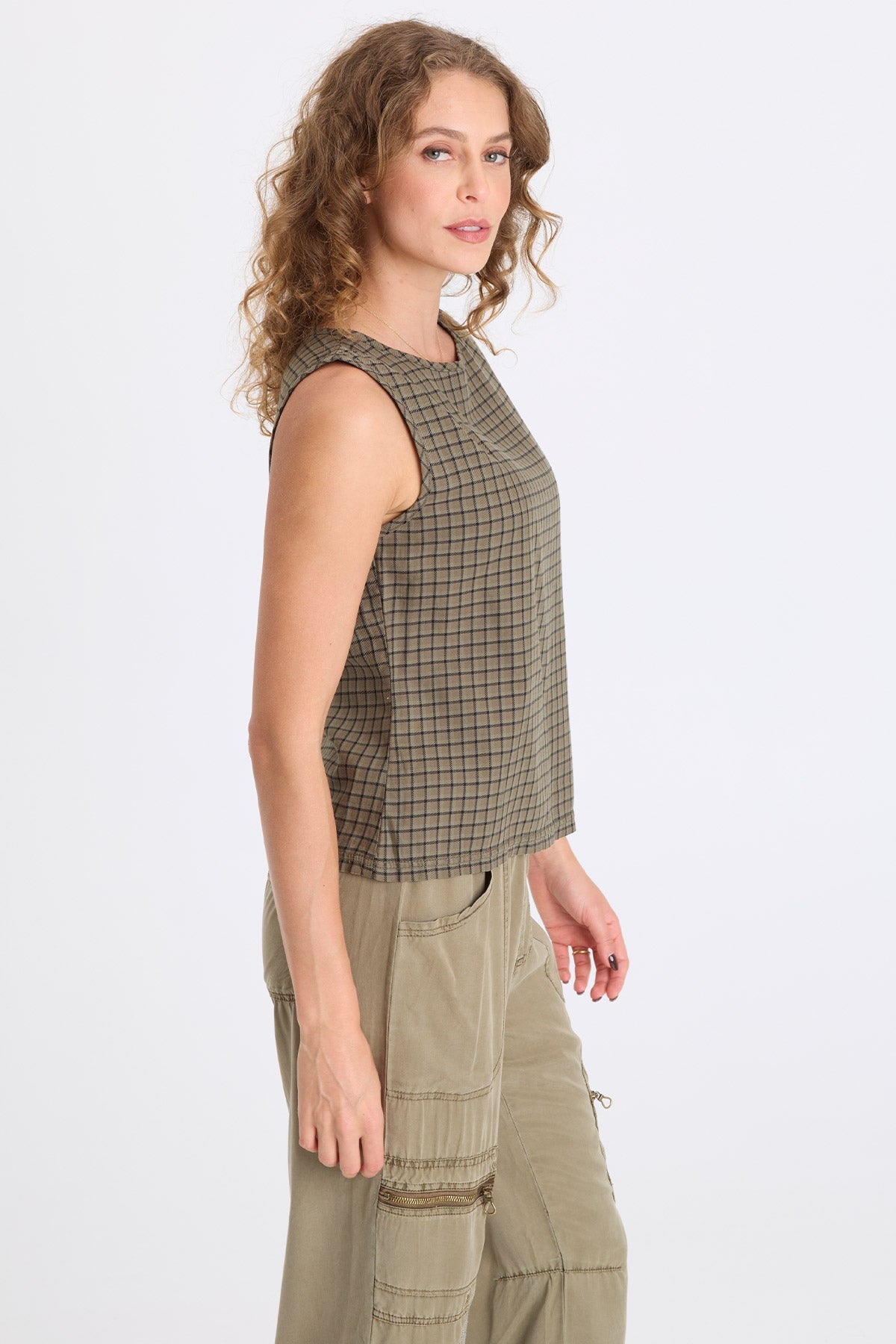 Sanar Tattersall Plaid Asymmetric Tank Kombu Pigment - XCVI