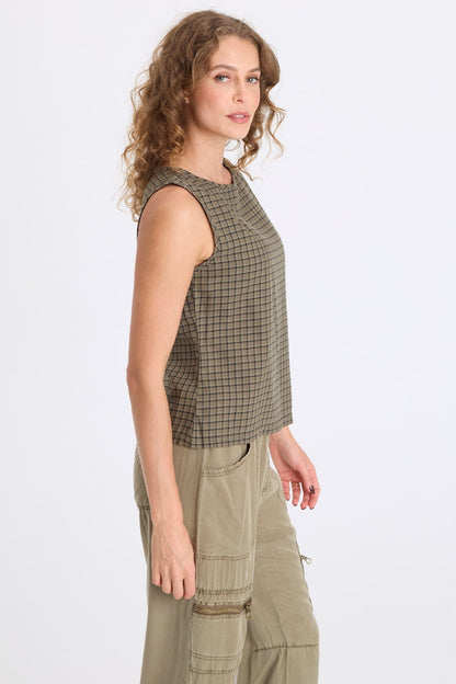 Sanar Tattersall Plaid Asymmetric Tank Kombu Pigment - XCVI