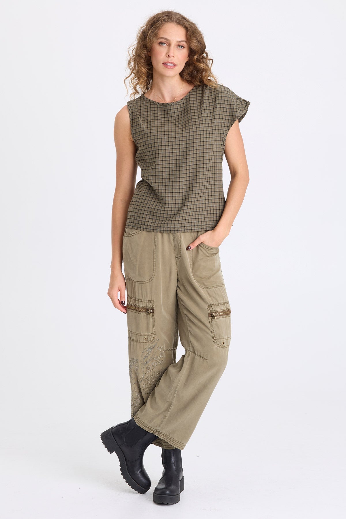 Sanar Tattersall Plaid Asymmetric Tank Kombu Pigment - XCVI