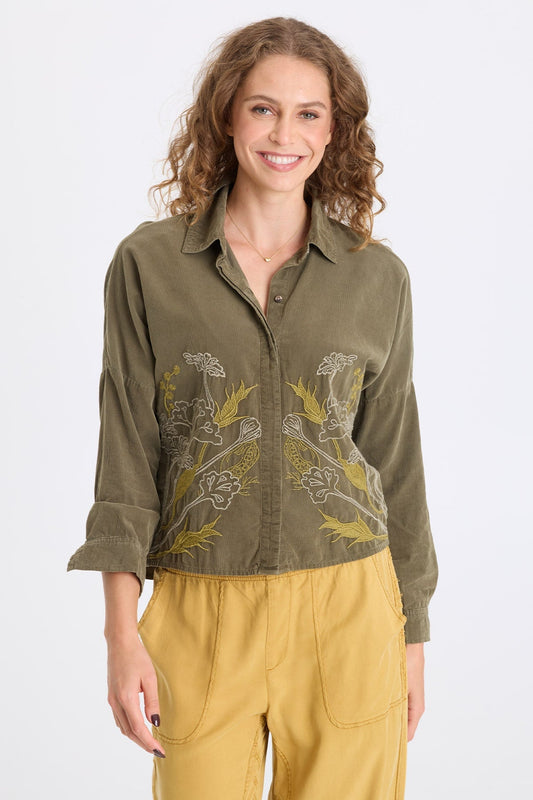 Kyle Embroidered Corduroy Button-Up Collared Top Kombu Pigment - XCVI