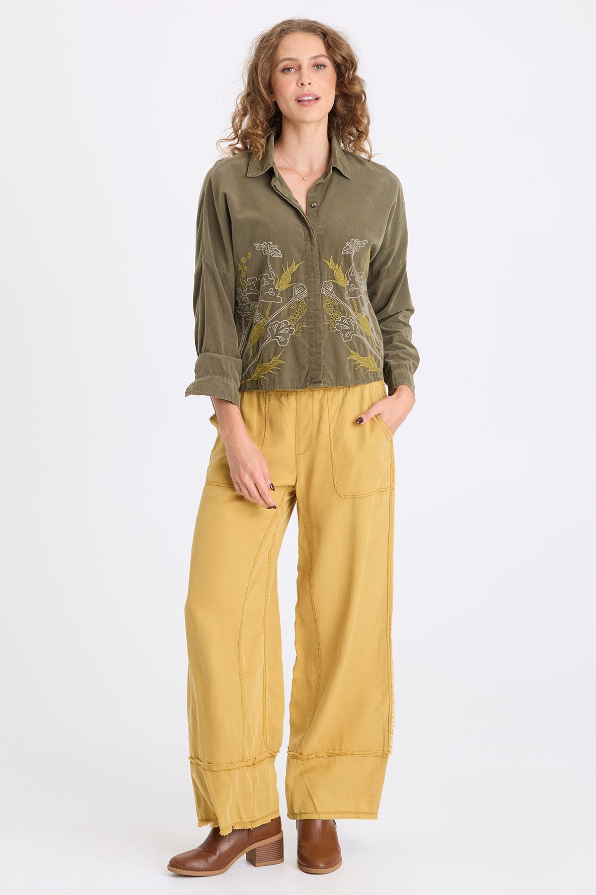 Kyle Embroidered Corduroy Button-Up Collared Top Kombu Pigment - XCVI