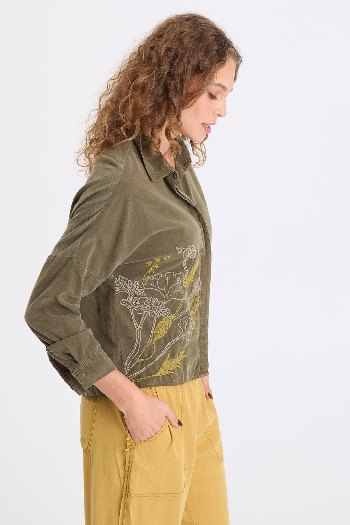 Kyle Embroidered Corduroy Button-Up Collared Top Kombu Pigment - XCVI