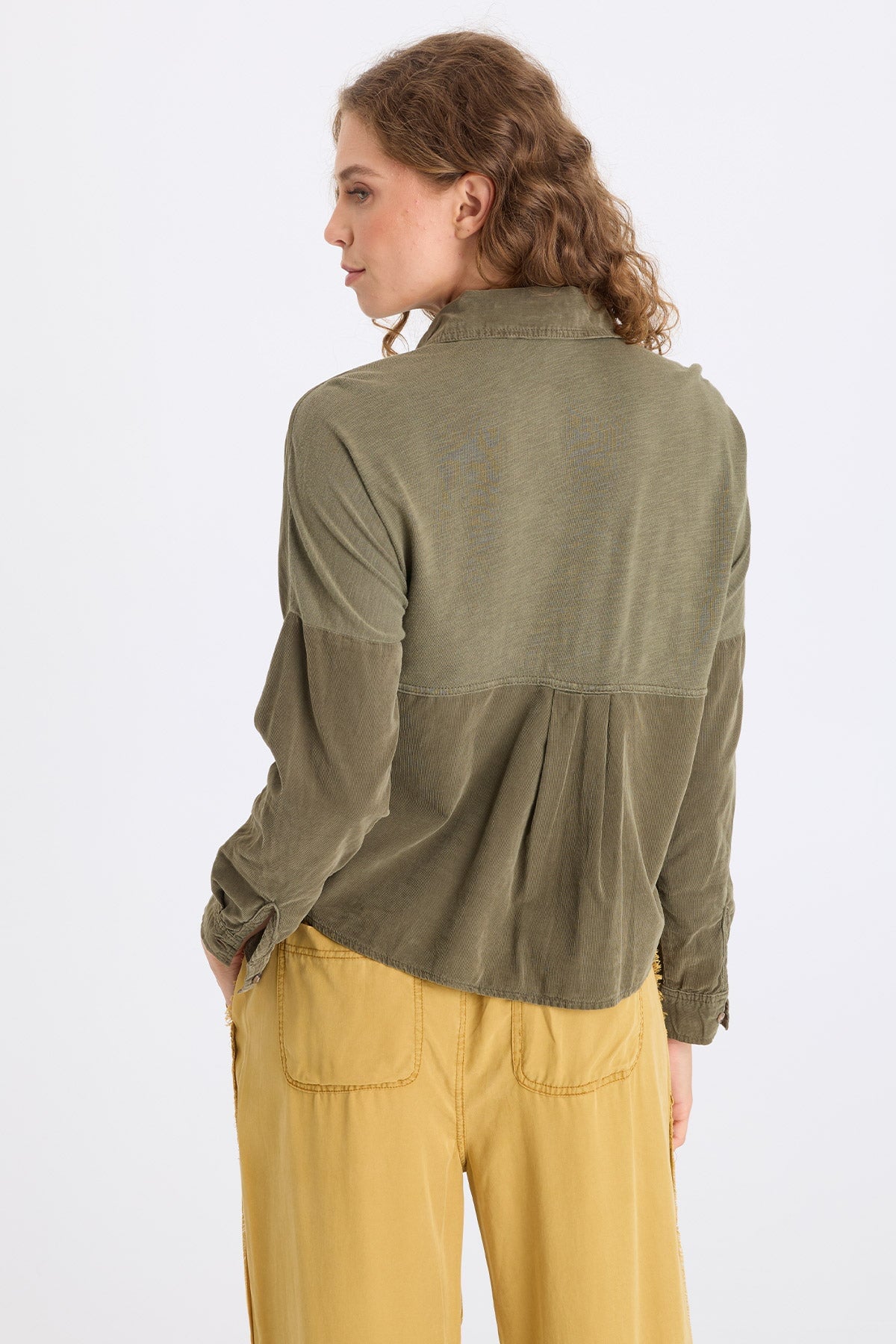 Kyle Embroidered Corduroy Button-Up Collared Top Kombu Pigment - XCVI