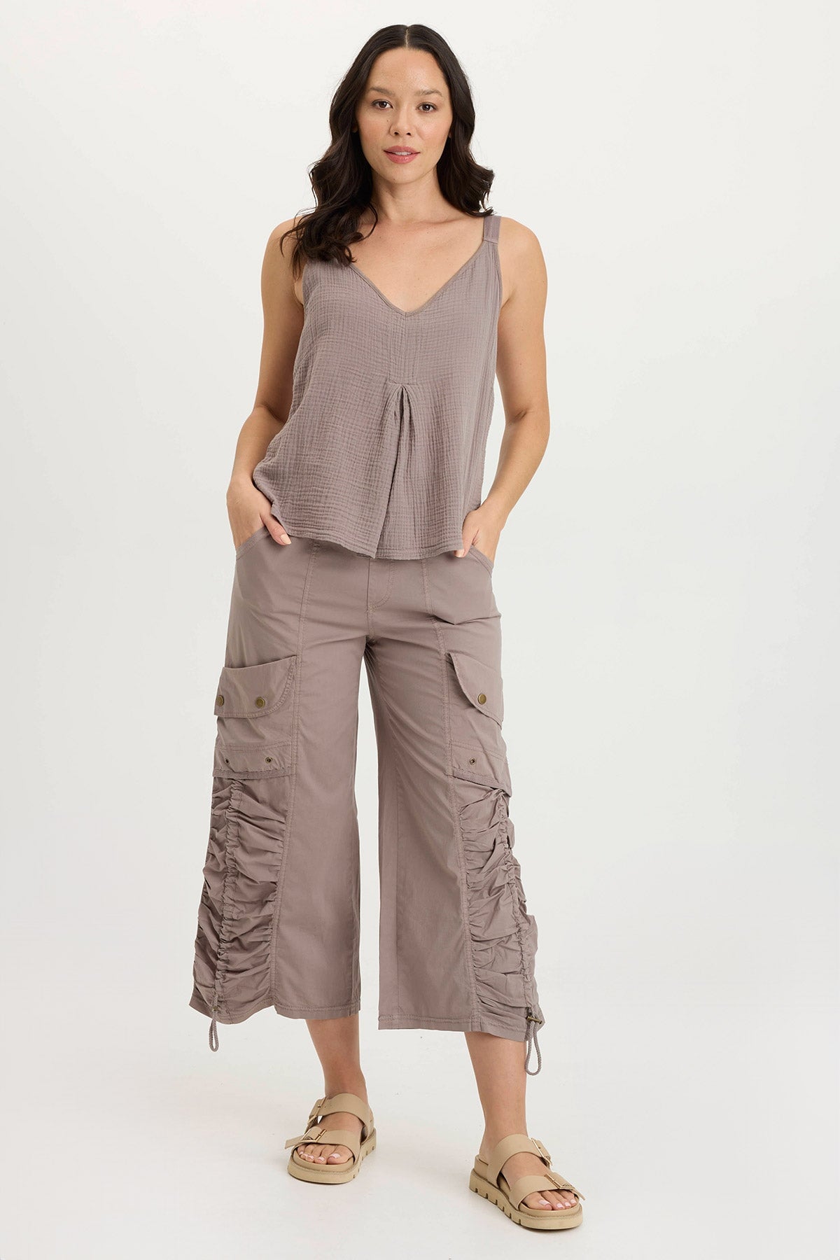 Hedley Lightweight Gauze + Soft Jersey Pleat Tank Poppy Seed - XCVI