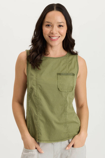 Landis Tank Top with a Pocket in Perforated Poplin Cypress Pigment - XCVI