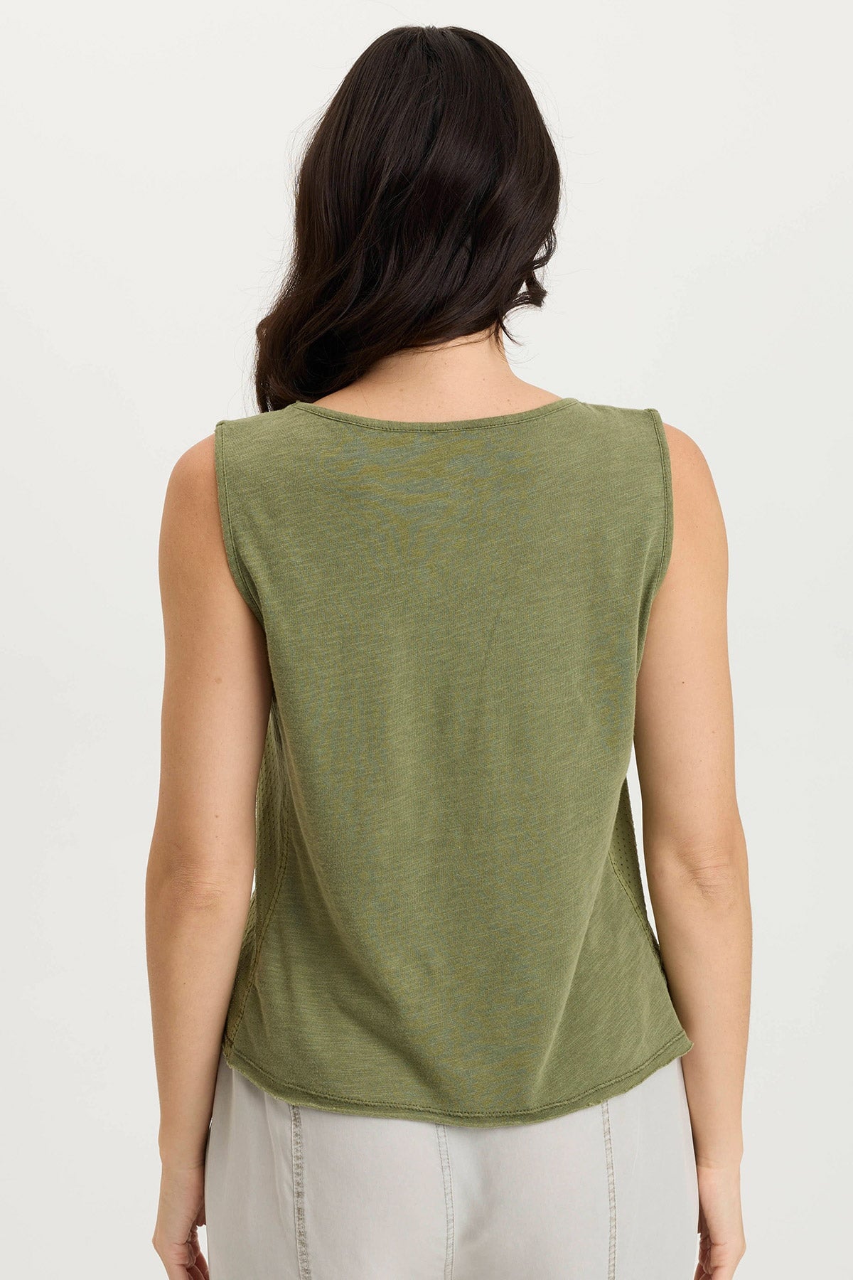 Landis Tank Top with a Pocket in Perforated Poplin Cypress Pigment - XCVI