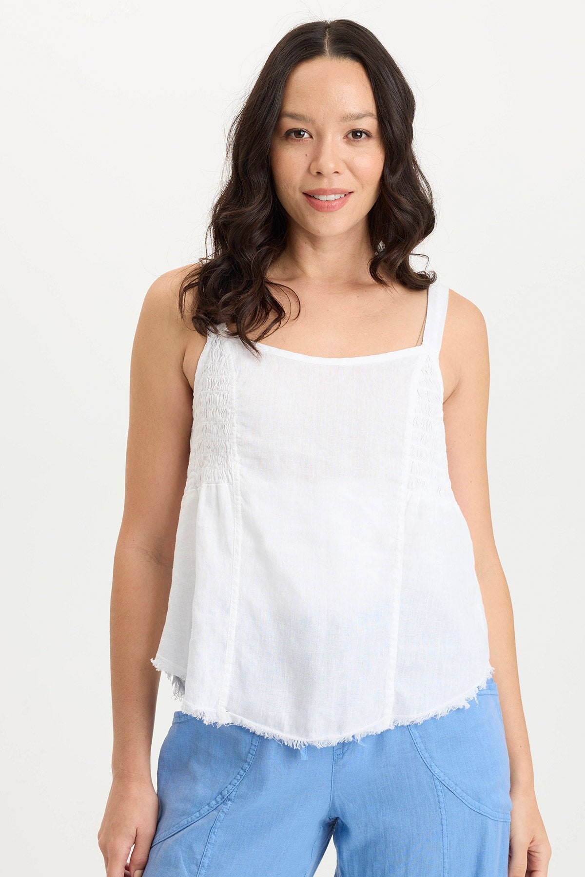 Fernley Lightweight Ruched Linen Tank Top White - XCVI