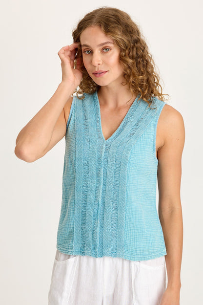 Reid Gauze V-Neck Sleeveless Top with Crochet Front Trim Distress Wash Waterfall - XCVI