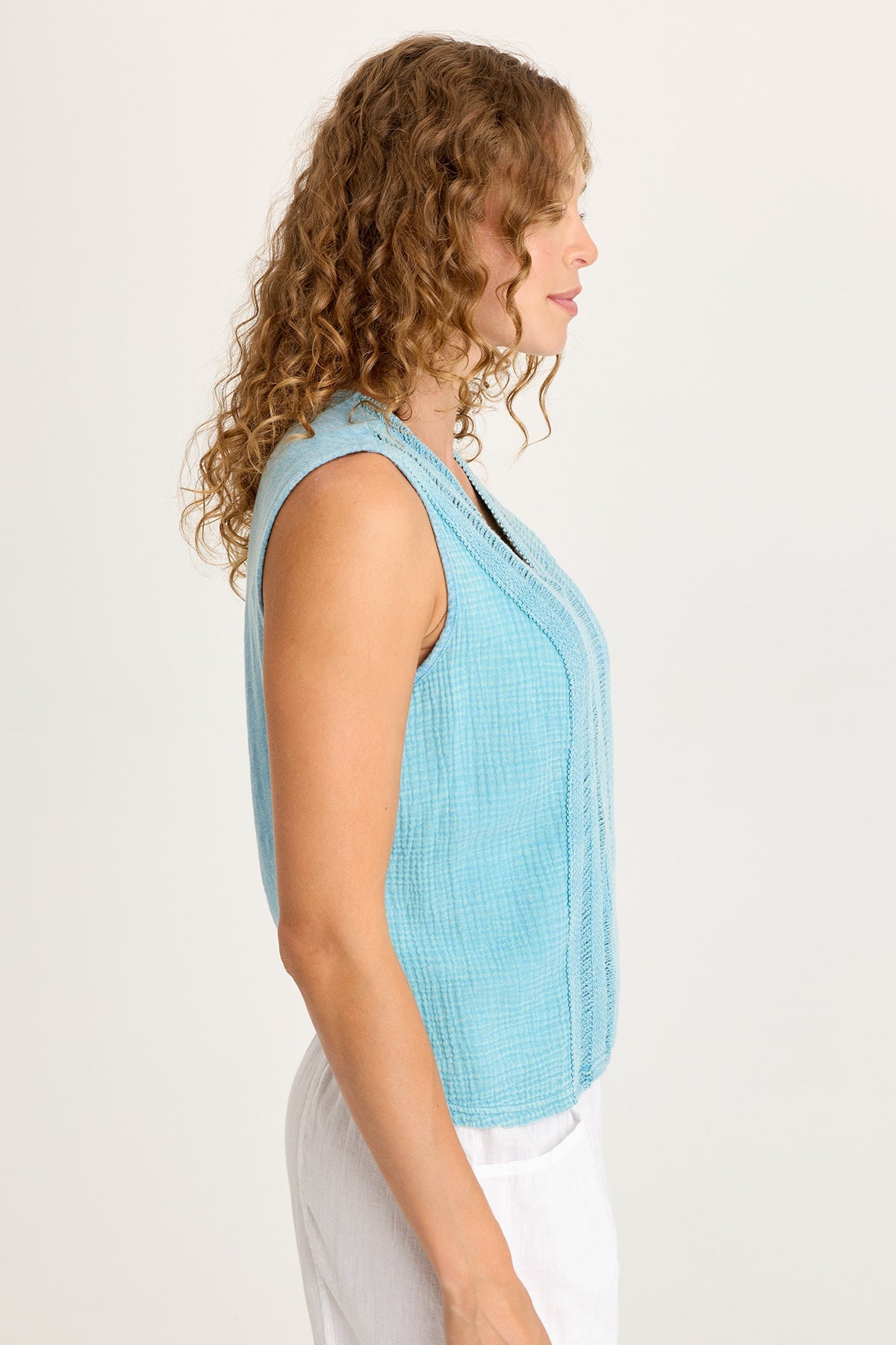 Reid Gauze V-Neck Sleeveless Top with Crochet Front Trim Distress Wash Waterfall - XCVI