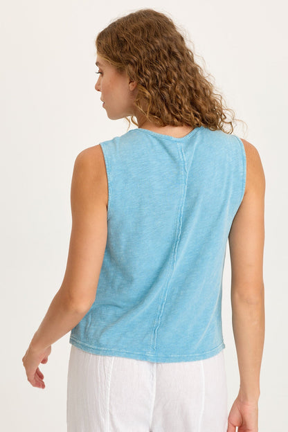 Reid Gauze V-Neck Sleeveless Top with Crochet Front Trim Distress Wash Waterfall - XCVI