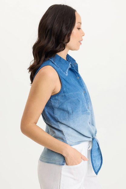 Tague Mock-Denim Tie-Up Flowy Snap Tank Vacillate Wash - XCVI