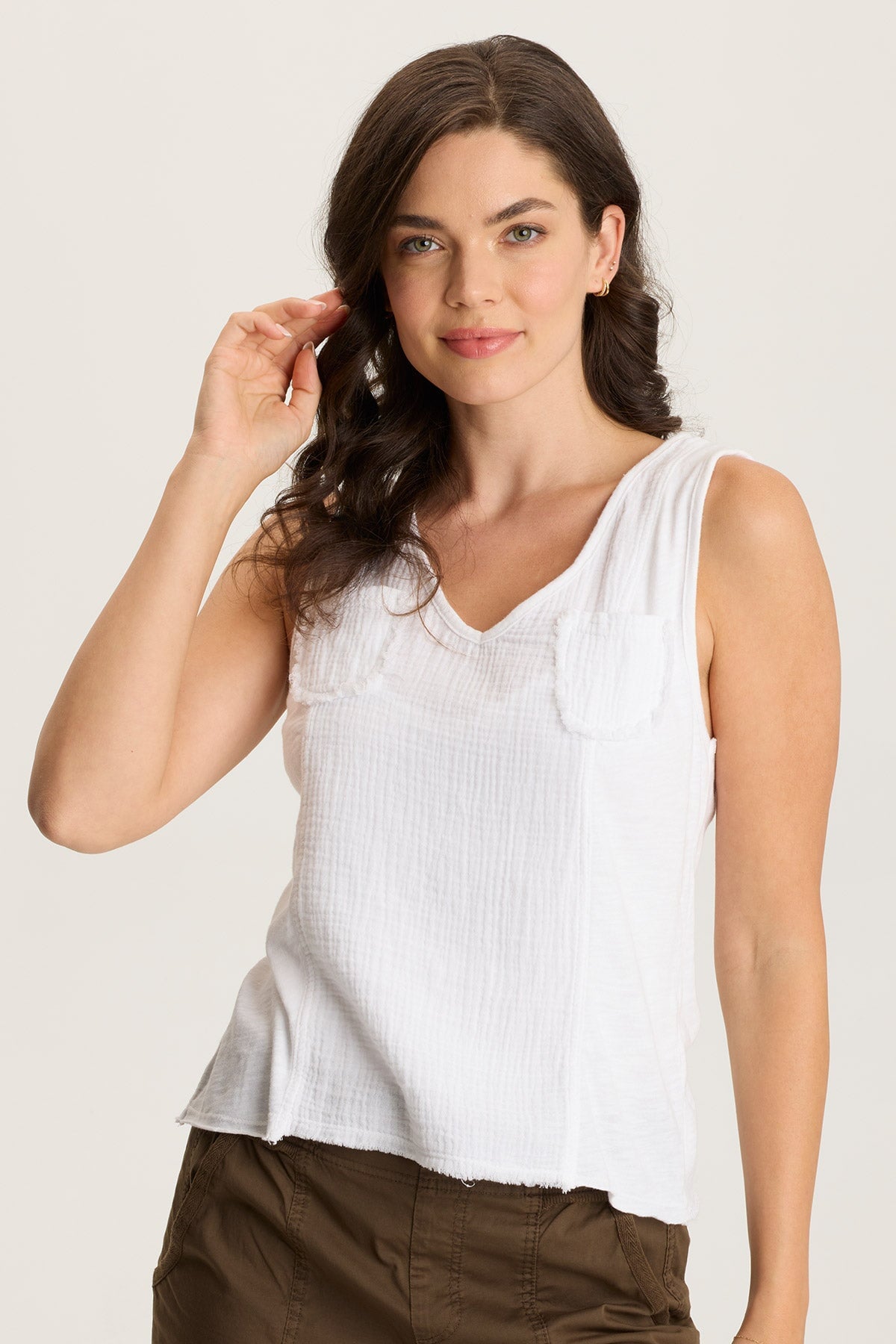 Kirkley Gauze/Jersey V-Neck Tank White - XCVI