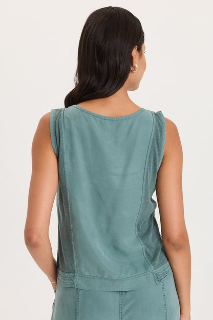 Stitched Hem Twill Front Jersey Back Mixed-Media Davies Tank Ocean Storm Pigment - XCVI