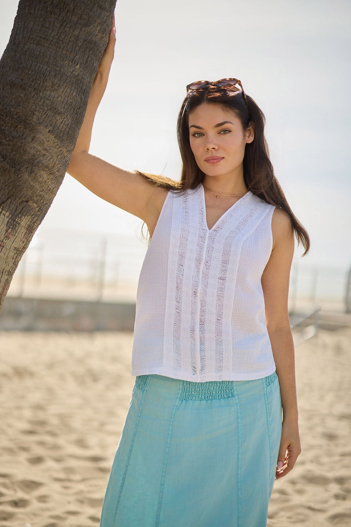 Reid Gauze V-Neck Sleeveless Top with Crochet Front Trim White - XCVI