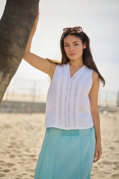 Reid Gauze V-Neck Sleeveless Top with Crochet Front Trim White - XCVI