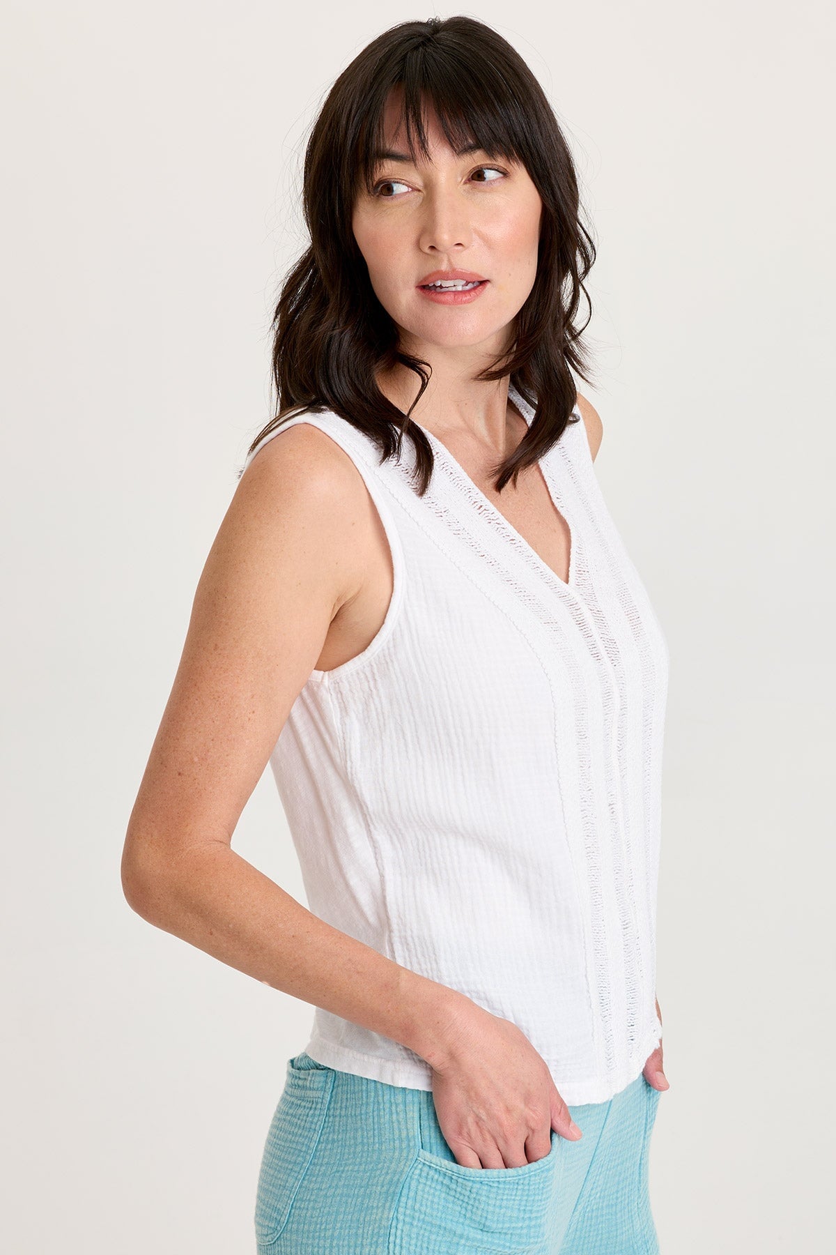Reid Gauze V-Neck Sleeveless Top with Crochet Front Trim White - XCVI