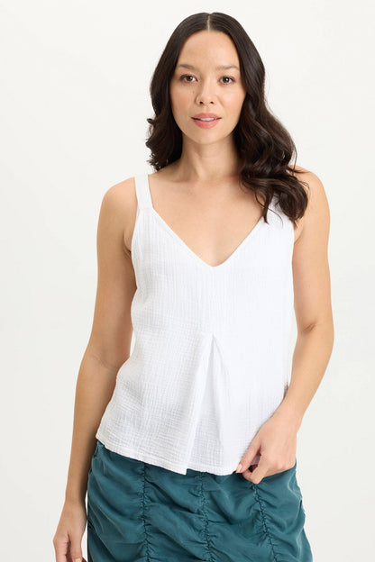 Hedley Lightweight Gauze + Soft Jersey Pleat Tank White - XCVI