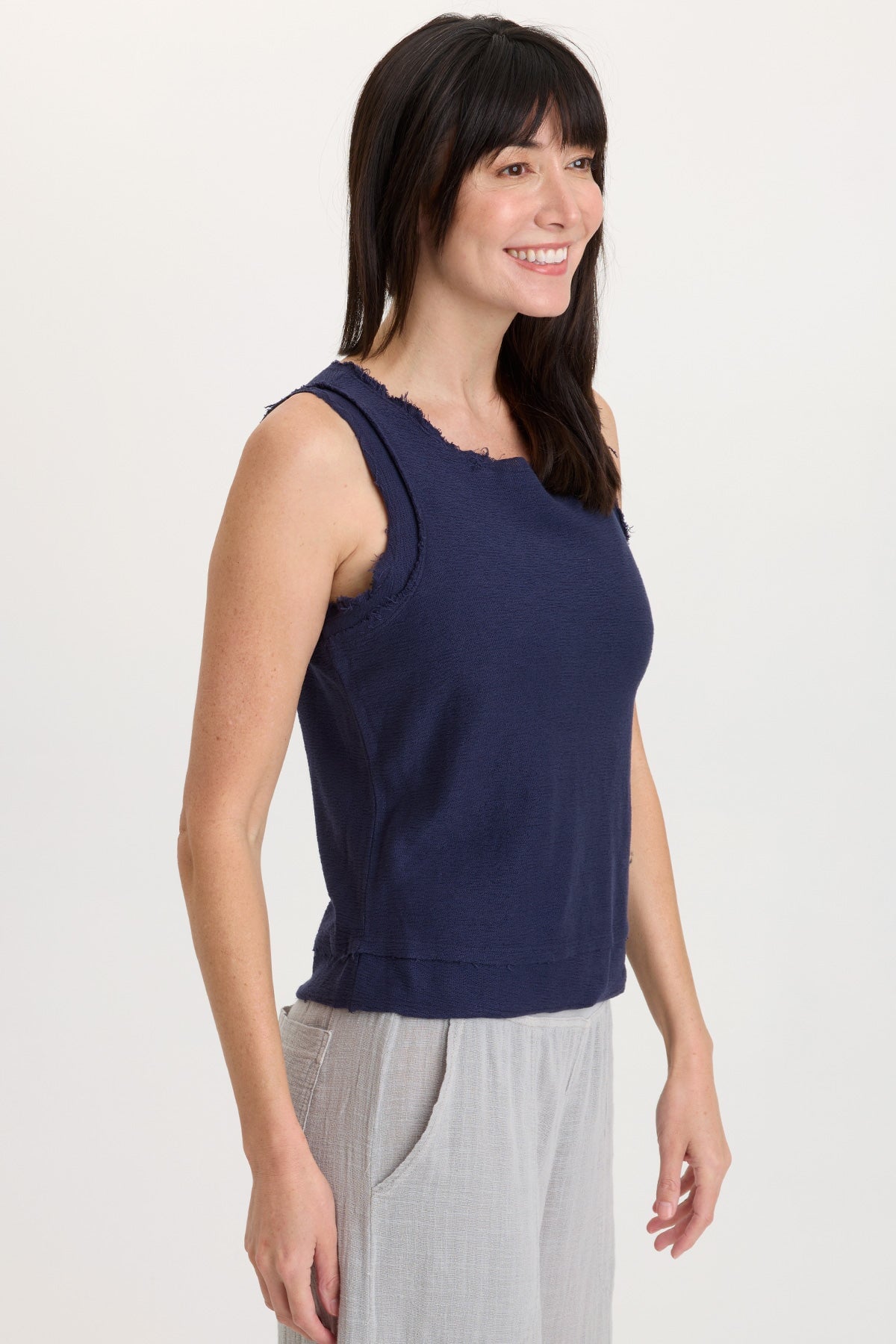 Ila 100% Cotton Crepe Knit Raw Edge Tank Navy - XCVI