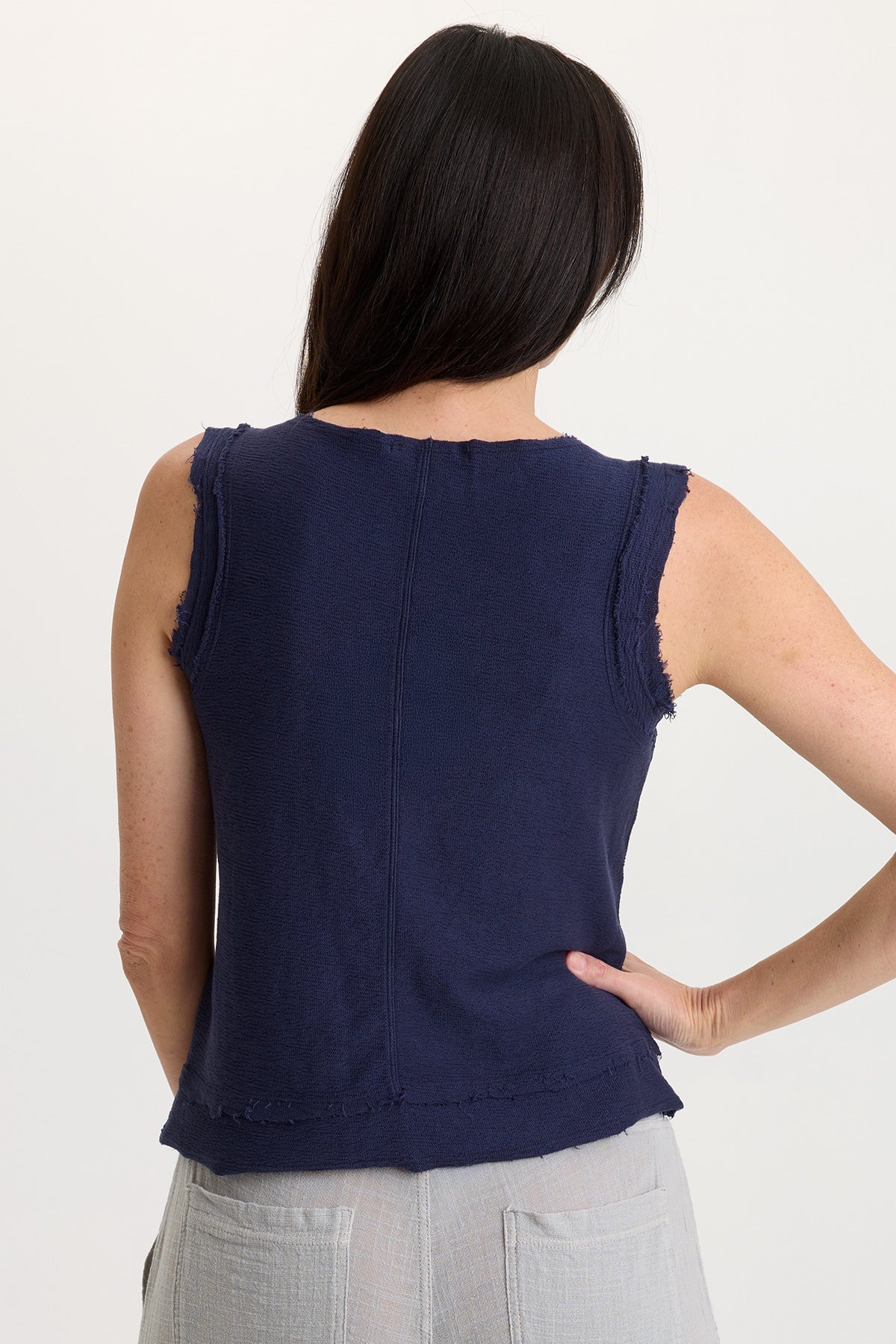 Ila 100% Cotton Crepe Knit Raw Edge Tank Navy - XCVI