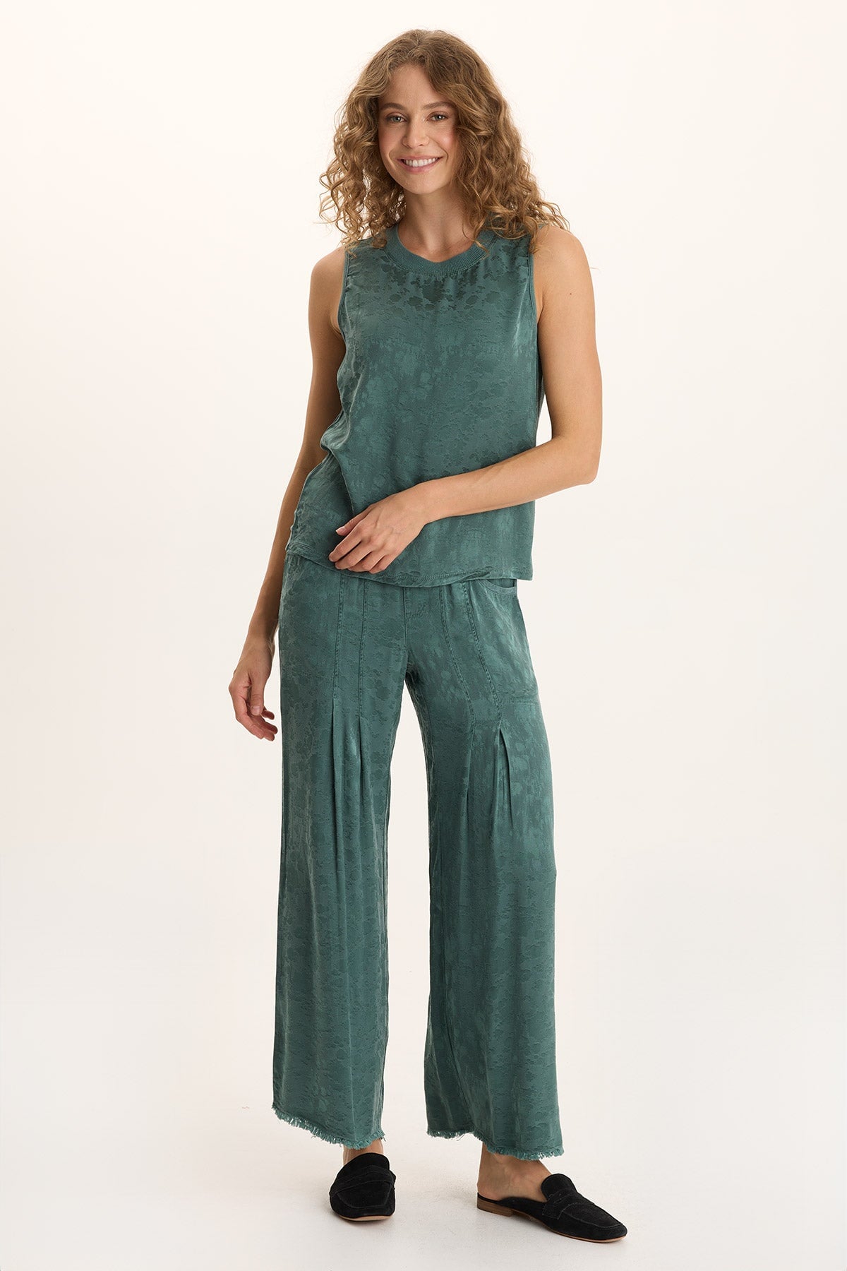 Mahala Textured Satin Crew Neck Tank Top Ocean Storm Pigment - XCVI