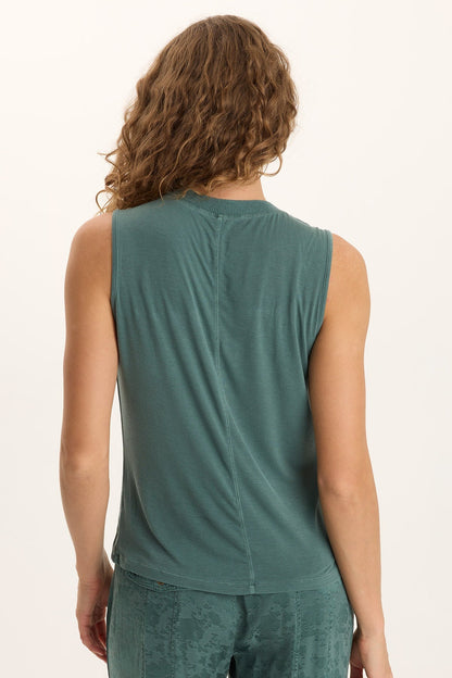 Mahala Textured Satin Crew Neck Tank Top Ocean Storm Pigment - XCVI