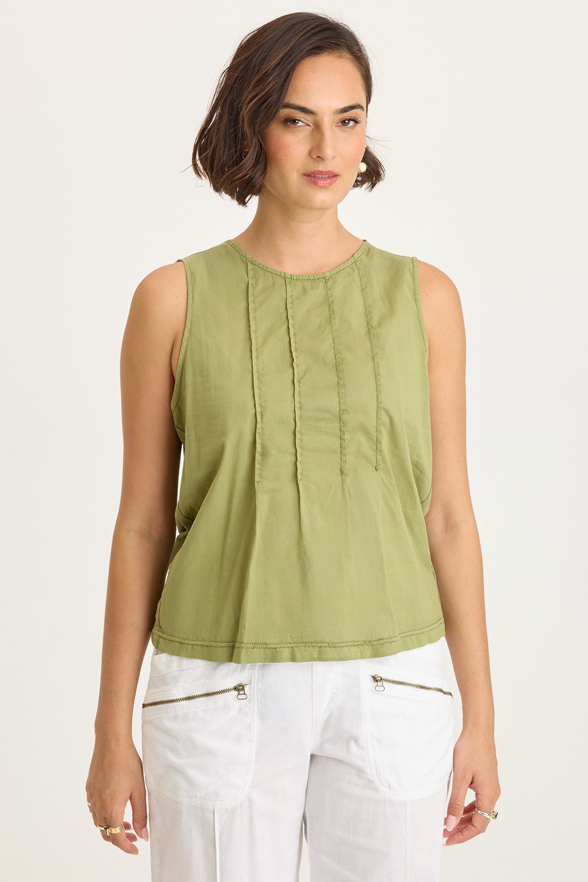 Wearables Jerilene Voile Pintuck Crew Neck Tank with Jersey Back Garnish Pigment - XCVI
