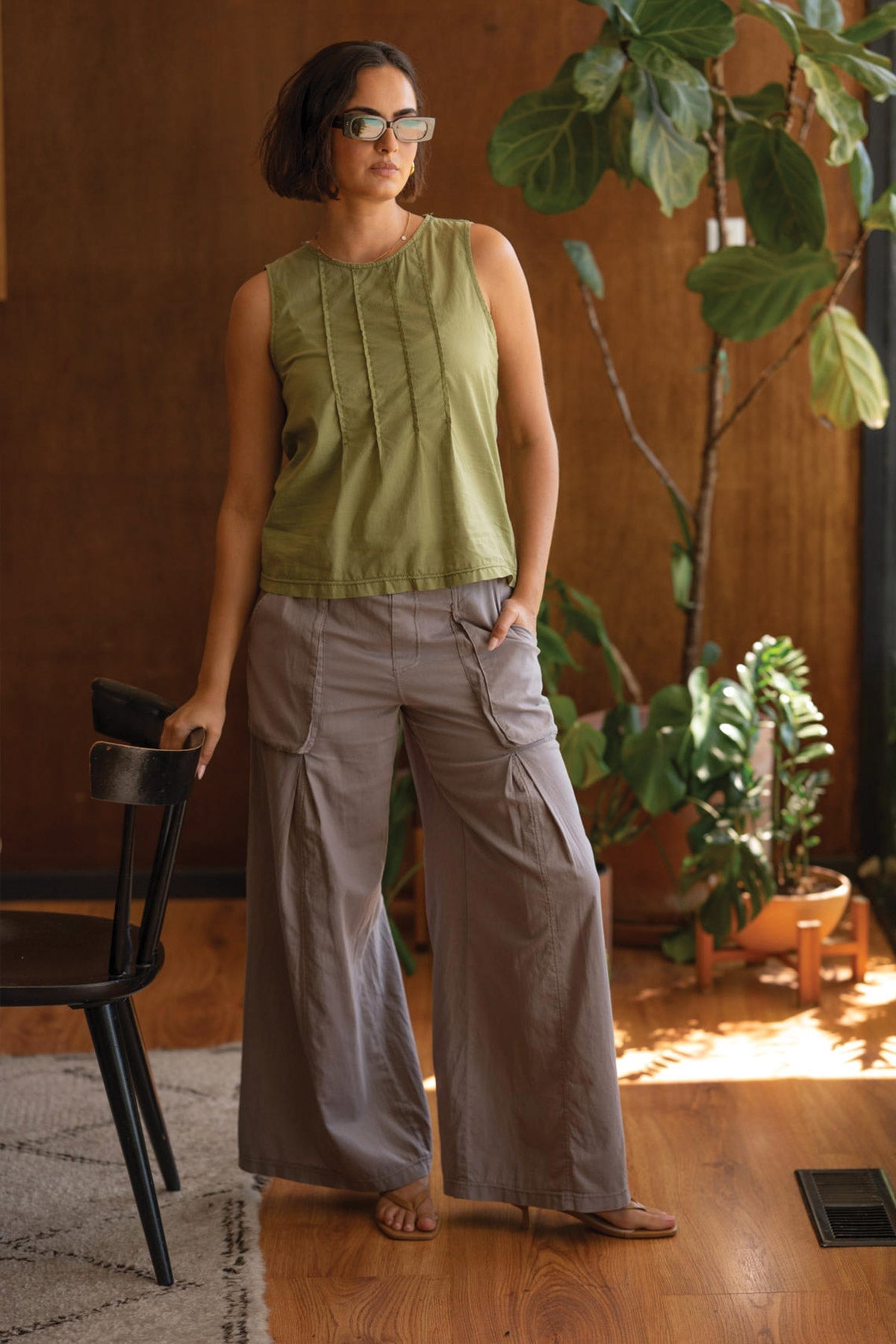Wearables Jerilene Voile Pintuck Crew Neck Tank with Jersey Back Garnish Pigment - XCVI