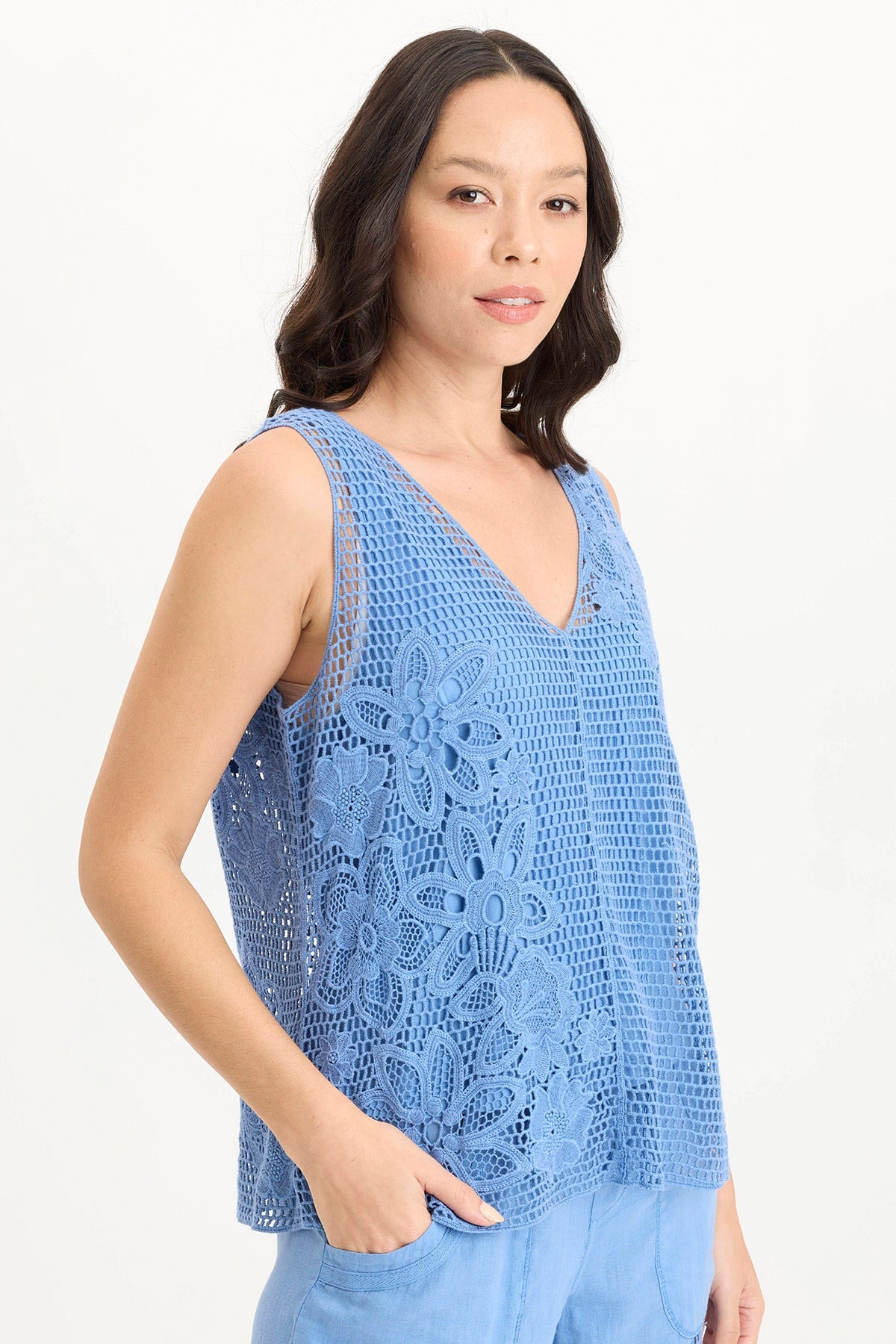 Chariss Boho Crochet V-Neck Tank Shasta Lake - XCVI