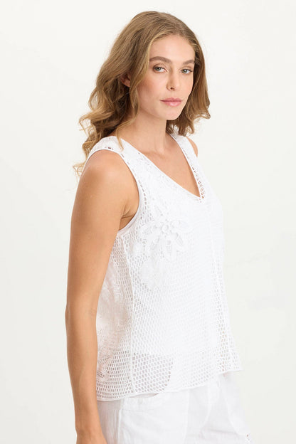 Chariss Boho Crochet V-Neck Tank White - XCVI