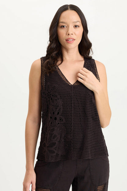 Chariss Boho Crochet V-Neck Tank Black - XCVI