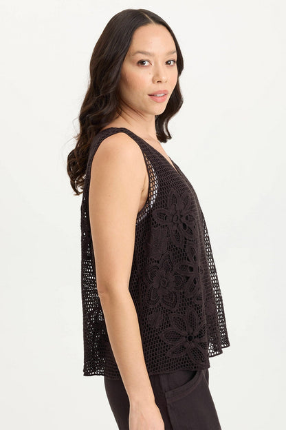 Chariss Boho Crochet V-Neck Tank Black - XCVI