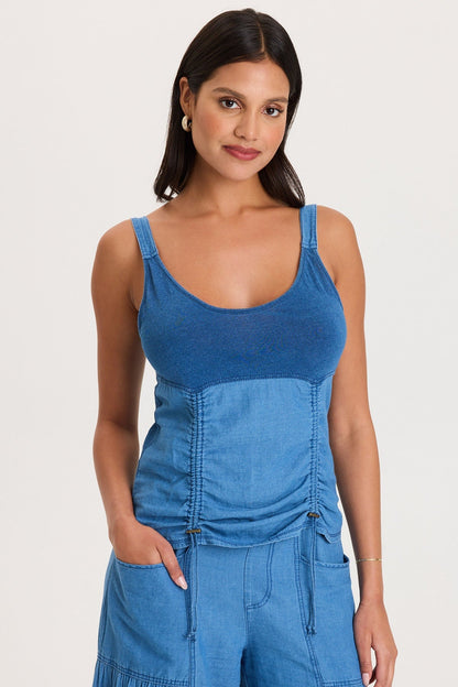 Mock-Denim and Jersey Adjustable Fit Fife Tank Etiolate Wash - XCVI