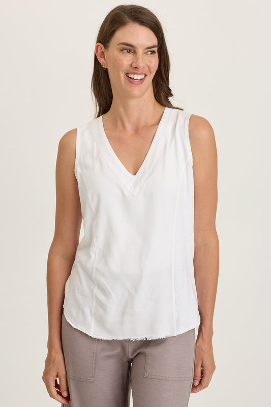 Wearables Nila Twill-Front Jersey-Back V-Neck Tank White - XCVI