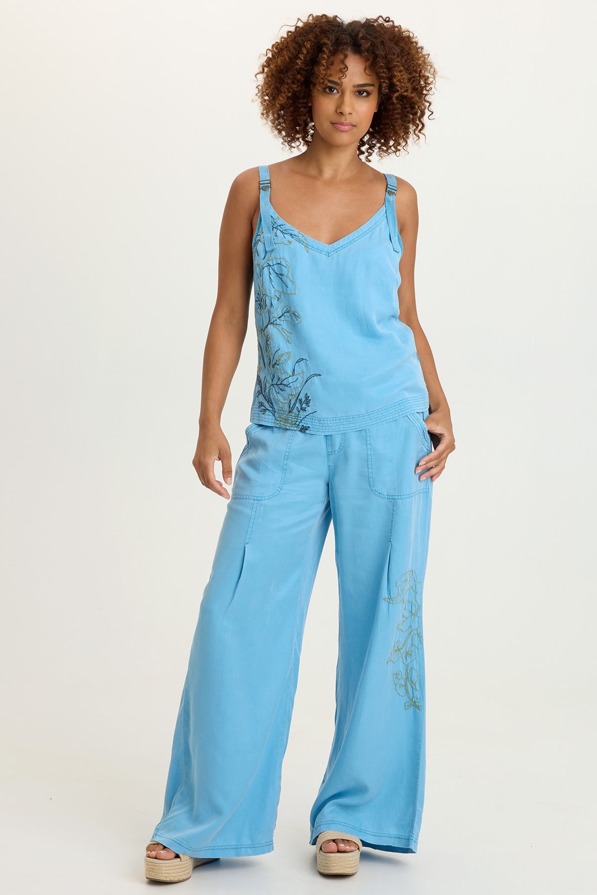 Embroidered Faizon Tencel Twill Adjustable Buckle Straps Tank Aztec Sky Pigment - XCVI