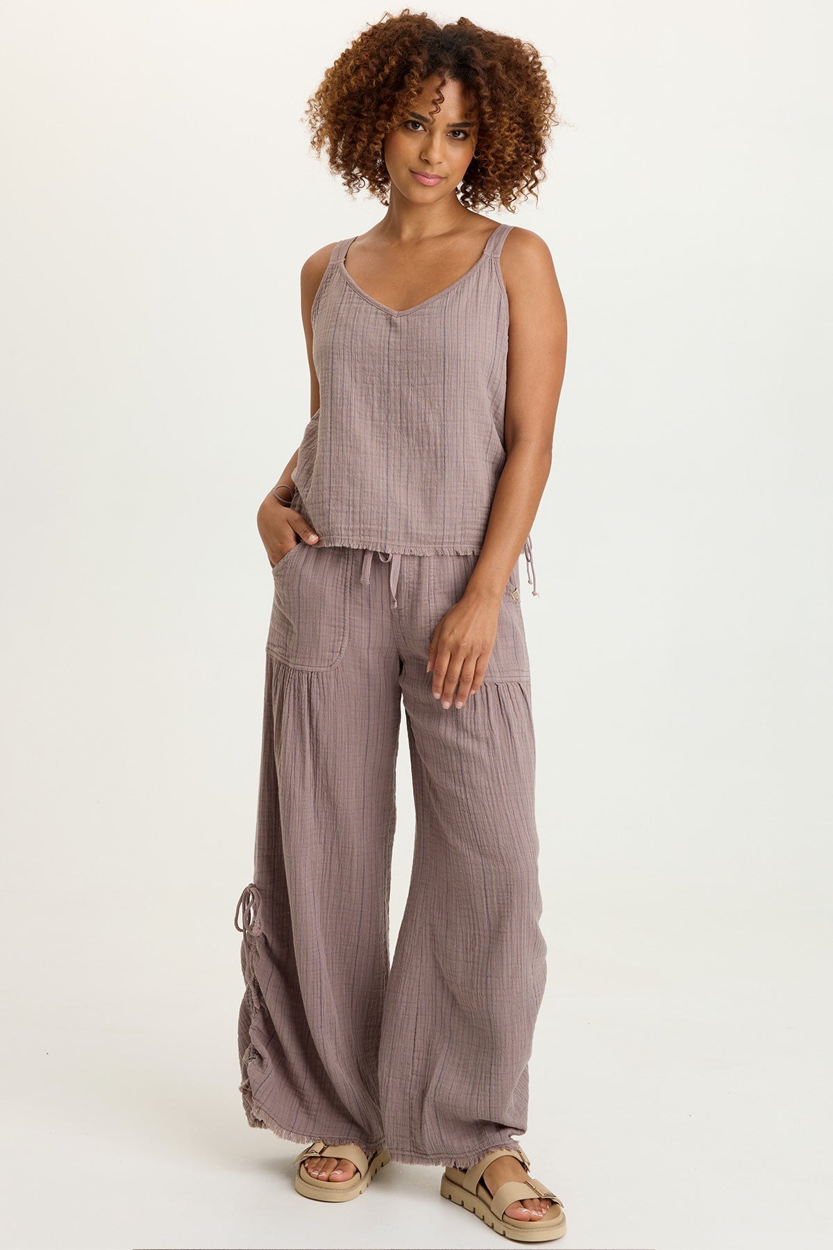 Grethel Indigo Stripe Gauze Cinchable Side Seam Strappy Tank Velvet Mink - XCVI