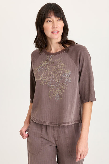 Jory Embroidered Pinstripe Twill Raglan Short Sleeve Top Virtuoso Pigment - XCVI