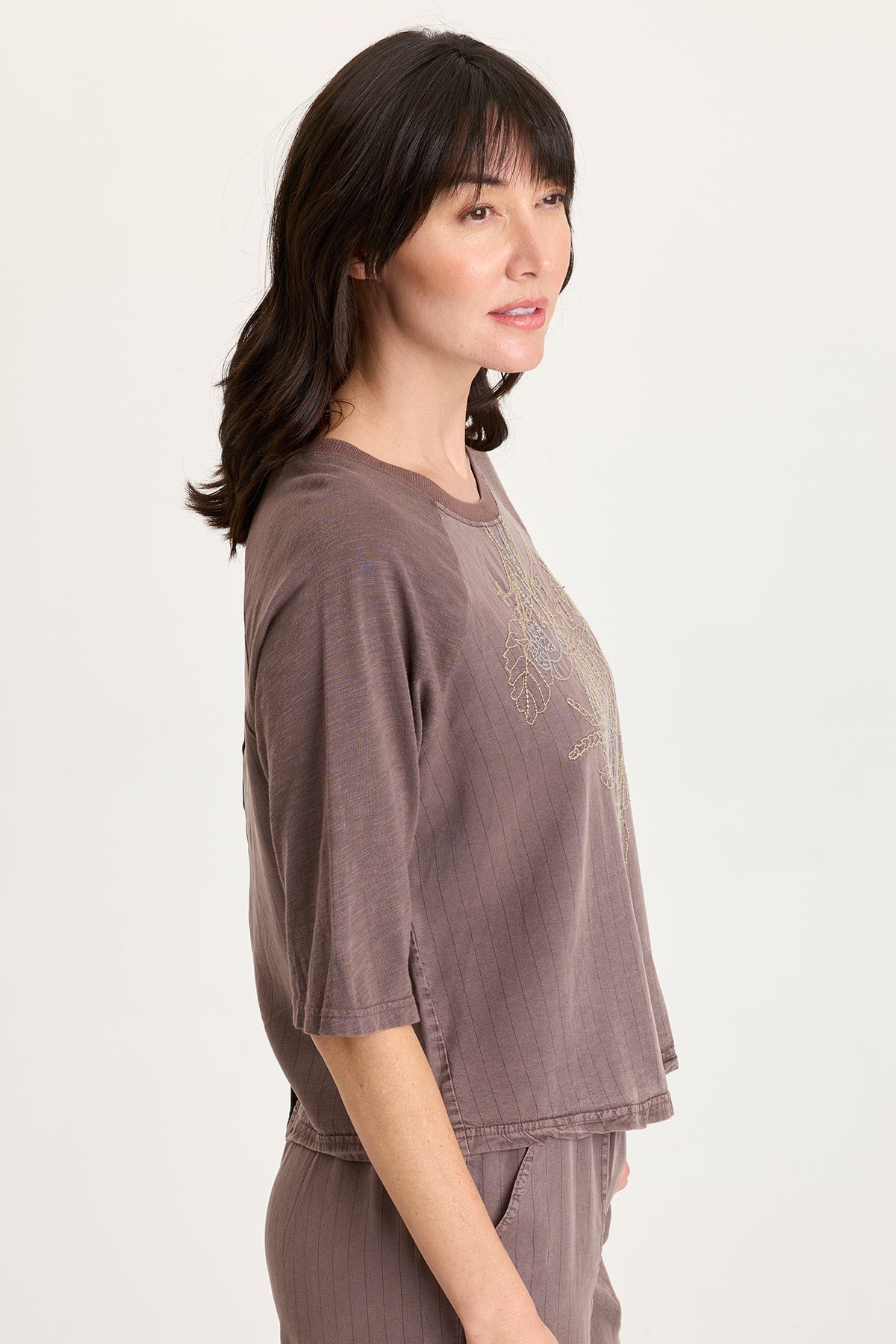 Jory Embroidered Pinstripe Twill Raglan Short Sleeve Top Virtuoso Pigment - XCVI